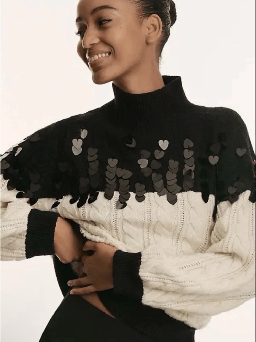 ANTHROPOLOGIE MAEVE black and Cream Cable-Knit Sweater with Sequin Heart Detail